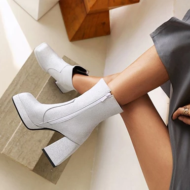 WMNS Textured Shimmering Square Toe Boots - Platform High Chunky Heel 5 WMNS Textured Shimmering Square Toe Boots - Platform High Chunky Heel - Image 3
