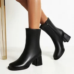 WMNS Side Zipper Grain Leather Boots - Chunky Mid High Heel -SHOE TALK SELECTION 3 53