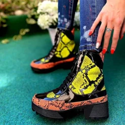 WMNS Reptile Leather Accent Boots - Rubber Sole Riser / Mid High Heel -SHOE TALK SELECTION 3 54