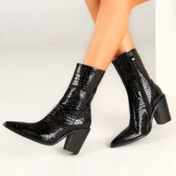 WMNS Reptile Leather Calf Length Boots - Pointed Toes / High Chunky Heel -SHOE TALK SELECTION 3 55