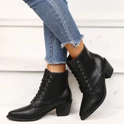 WMNS Lace Front Pointed Toe Stacked Mid-High Heel Leather Boots -SHOE TALK SELECTION 3 62