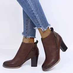 WMNS Double Zipper Rough Leather Boots - Stacked Wood High Heel -SHOE TALK SELECTION 3 63