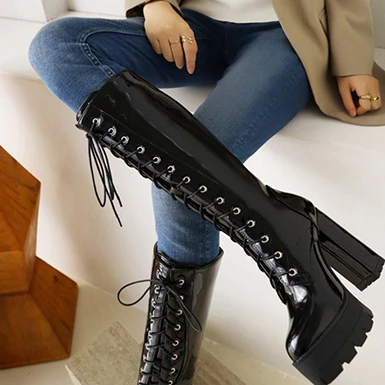 WMNS Patent Leather Tall Boots - Platform High Chunky Heel 5 WMNS Patent Leather Tall Boots - Platform High Chunky Heel - Image 3