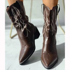 WMNS Western Style Embroidered Slip On Boots - Chunky Mid High Heel -SHOE TALK SELECTION 3 70