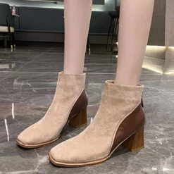 WMNS Finished Leather Ankle Boots - Wood Chunky High Heel -SHOE TALK SELECTION 3 75