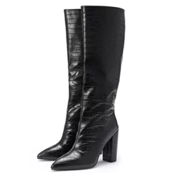 WMNS Pointed Toe Knee Length Reptile Leather High Chunky Heel Boots -SHOE TALK SELECTION 3 8