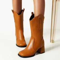 WMNS Grain Leather Zipper Back Square Toe Chunky Mid-High Heel Boots -SHOE TALK SELECTION 4 10