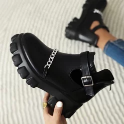 WMNS Side Cutout Strap And Buckle Boots - Cain Accent / Mid High Heel -SHOE TALK SELECTION 4 18