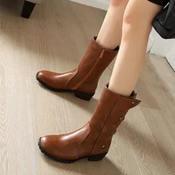 WMNS Grain Leather Finish Studded Shin Boots - Mid High Heel -SHOE TALK SELECTION 4 24