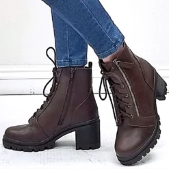 WMNS Double Zipper And Lace Front Leather Boots - Chunky Mid High Heel -SHOE TALK SELECTION 4 27
