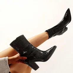 WMNS Reptile Leather Calf Length Boots - Pointed Toes / High Chunky Heel -SHOE TALK SELECTION 4 45