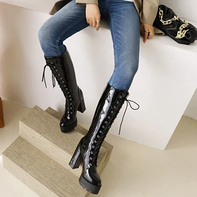 WMNS Patent Leather Tall Boots - Platform High Chunky Heel 6 WMNS Patent Leather Tall Boots - Platform High Chunky Heel - Image 4