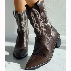 WMNS Western Style Embroidered Slip On Boots - Chunky Mid High Heel -SHOE TALK SELECTION 4 58