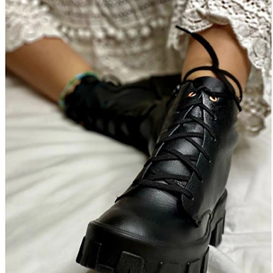 WMNS Finished Leather Ankle Boots - Lace Front / Mid High Heel 6 WMNS Finished Leather Ankle Boots - Lace Front / Mid High Heel - Image 4