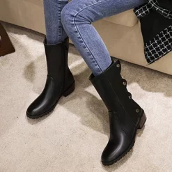 WMNS Grain Leather Finish Studded Shin Boots - Mid High Heel -SHOE TALK SELECTION 5 10