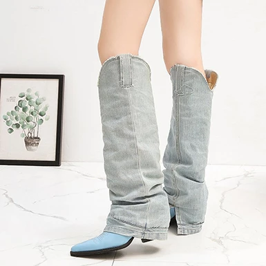 WMNS Denim Accent High Boots - Pointed Toes / Mid Heel 7 WMNS Denim Accent High Boots - Pointed Toes / Mid Heel - Image 5