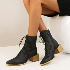 WMNS Square Block Mid-High Heel Pointed Toe Cord Laced Boots -SHOE TALK SELECTION 5 18