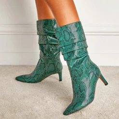 WMNS Reptile Leather Mid High Stiletto Heel Sag Boots - Pointed Toes -SHOE TALK SELECTION 5 8