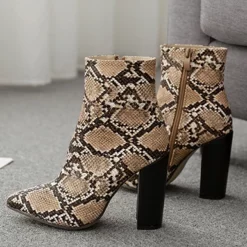 WMNS Chunky High Heel Boots With Zipper - Reptile Print -SHOE TALK SELECTION 6 2