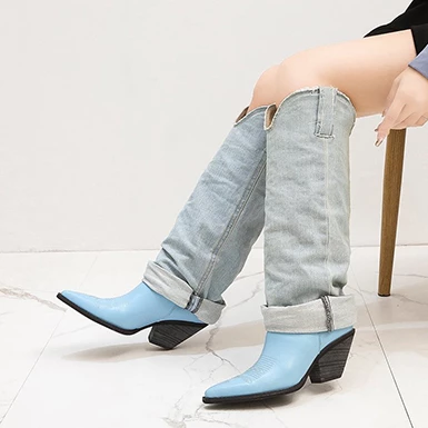 WMNS Denim Accent High Boots - Pointed Toes / Mid Heel 8 WMNS Denim Accent High Boots - Pointed Toes / Mid Heel - Image 6